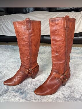 Frye Steffi Harness Boots Brown Leather Tall Western Riding Kitten Heel Size 7M